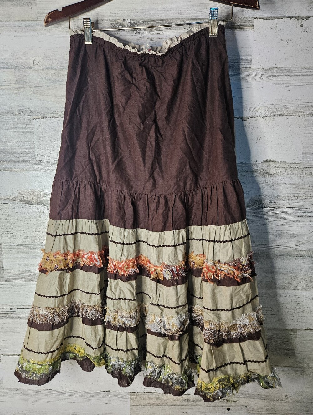 Picasso Hippie Boho Long Fringe Skirt Brown 100% Cotton Womens Small Whimsical